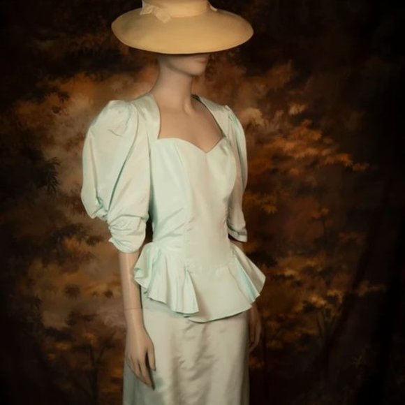 Jessica McClintock Green Peplum Midi Dress Sweetheart Neckline - Picture 5 of 6